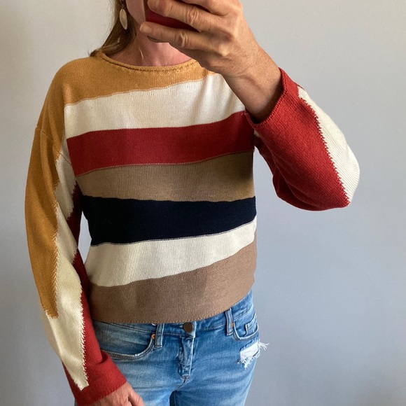 Cropped, Asymmetrical Stripe Long Sleeve Sweater - Picture 2 of 8
